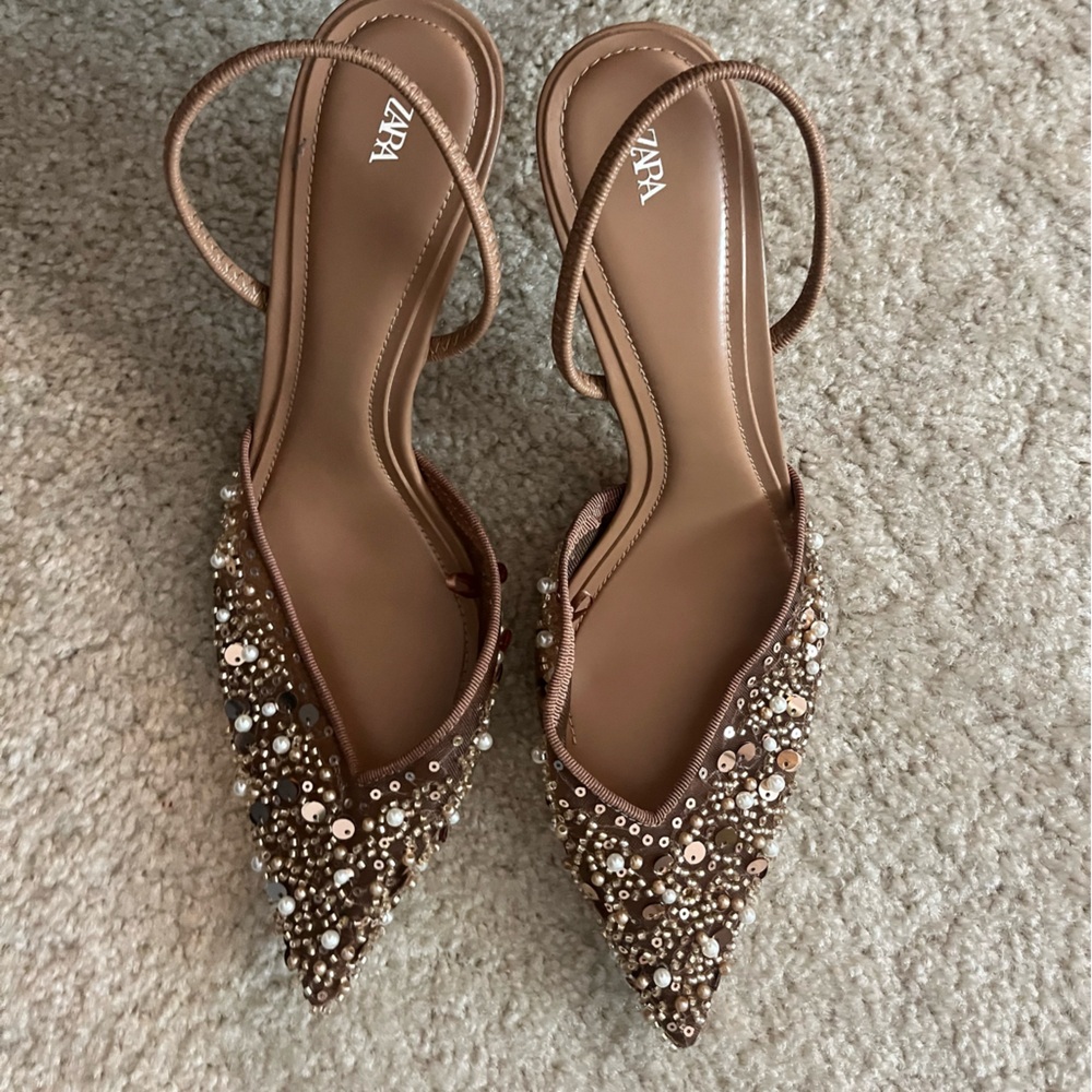 Zara size 40 brown heals. Mesh with beading and sequence.Worn once.US size 9-9.5